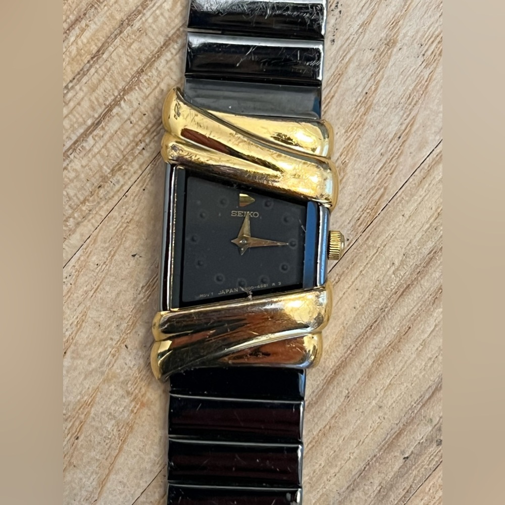 Seiko Ladies Watch Super RARE Vintage Art Deco Gold Case Black Dial Bracelet